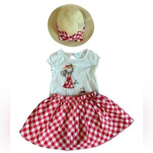 Max Studio Kids 3Pc Outfit Set XS 4 Gingham Skirt Top Straw Hat Summer